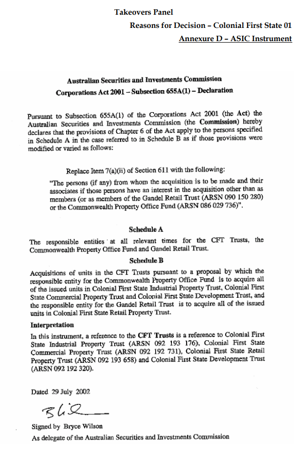 ASIC Corporations Act 2001 - Subsection 655A(1) - Declaration